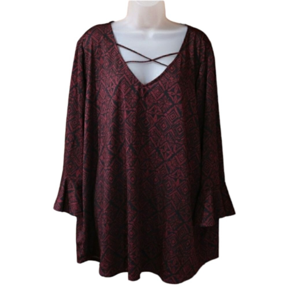 Faded Glory Burgundy Plus Size Criss Cross Print Top 3X